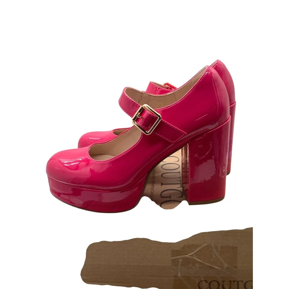 Coutgo Womens Hot Pink Patent Mary Jane Platform Chunky Block Heel Pumps 7.5